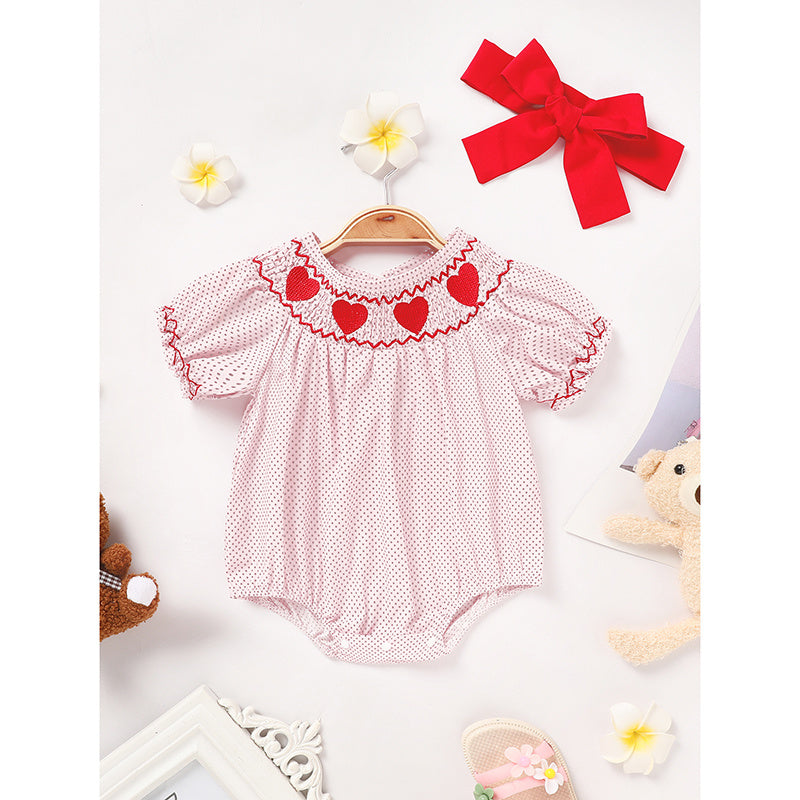 Newborn Baby Girls Valentine’s Day Smocked Romper – Short Sleeve Heart Embroidery Jumpsuit